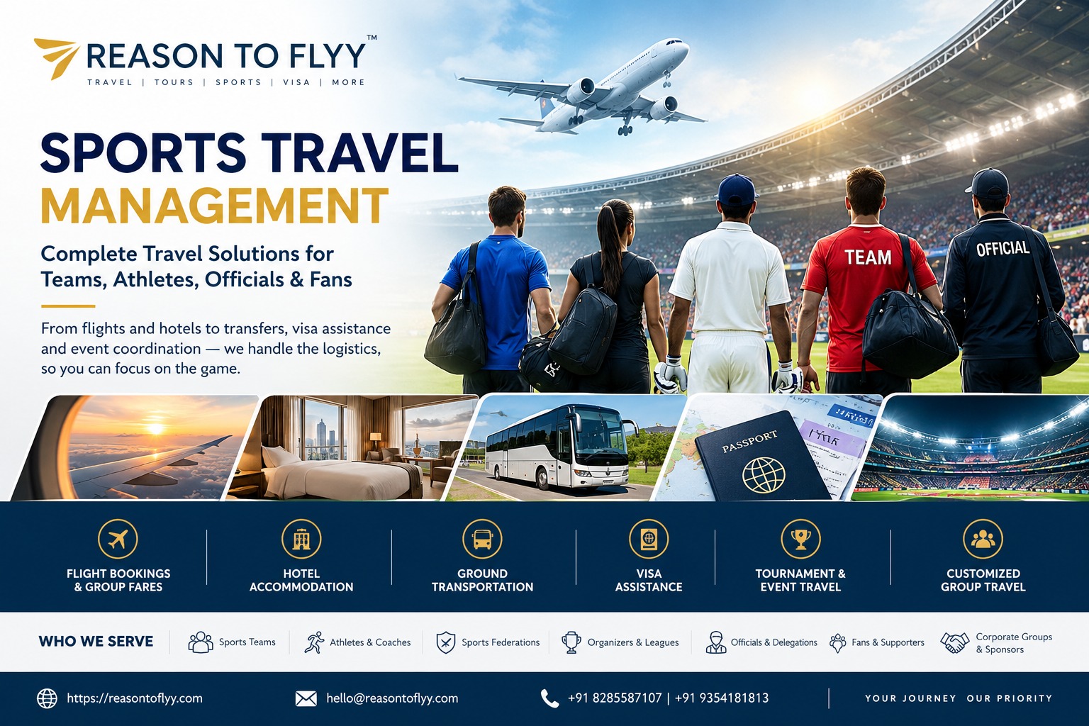 Professional sports travel management banner by Reason To Flyy, showcasing comprehensive travel solutions for sports teams, athletes, coaches, officia
