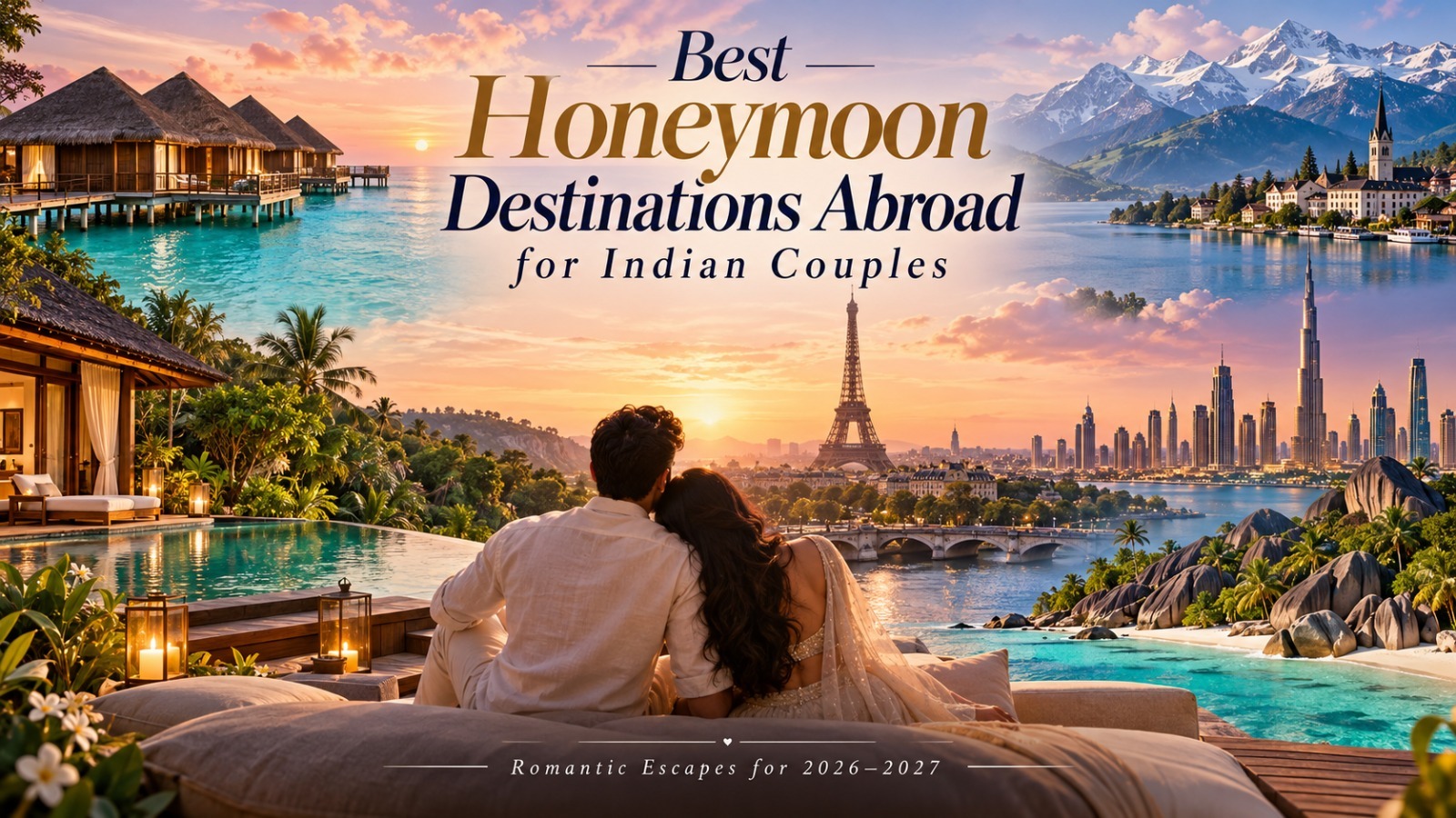 A romantic honeymoon travel image showcasing the best international honeymoon destinations for Indian couples, including the Maldives, Bali, Switzerla