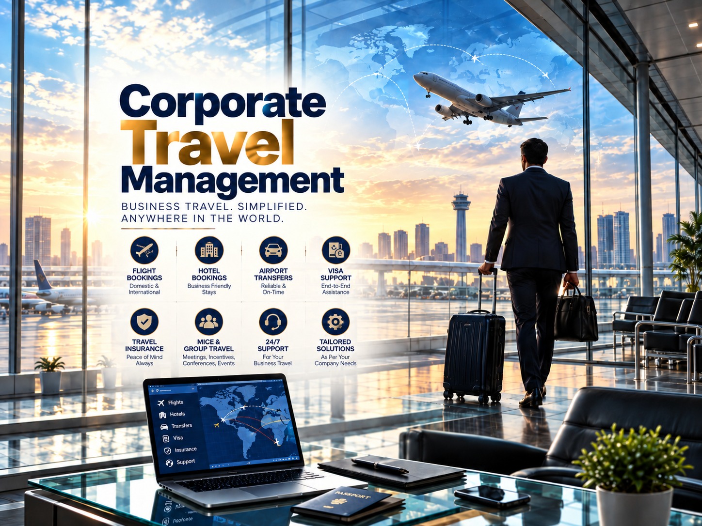A professional Corporate Travel Management image featuring a modern airport lounge, a business traveler with luggage, an airplane in flight, and a glo