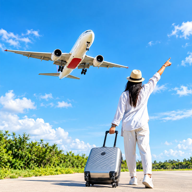 Stylish weekend travel banner showing an aircraft, destination skyline and relaxed short-break travel mood with premium blue and cyan accents.