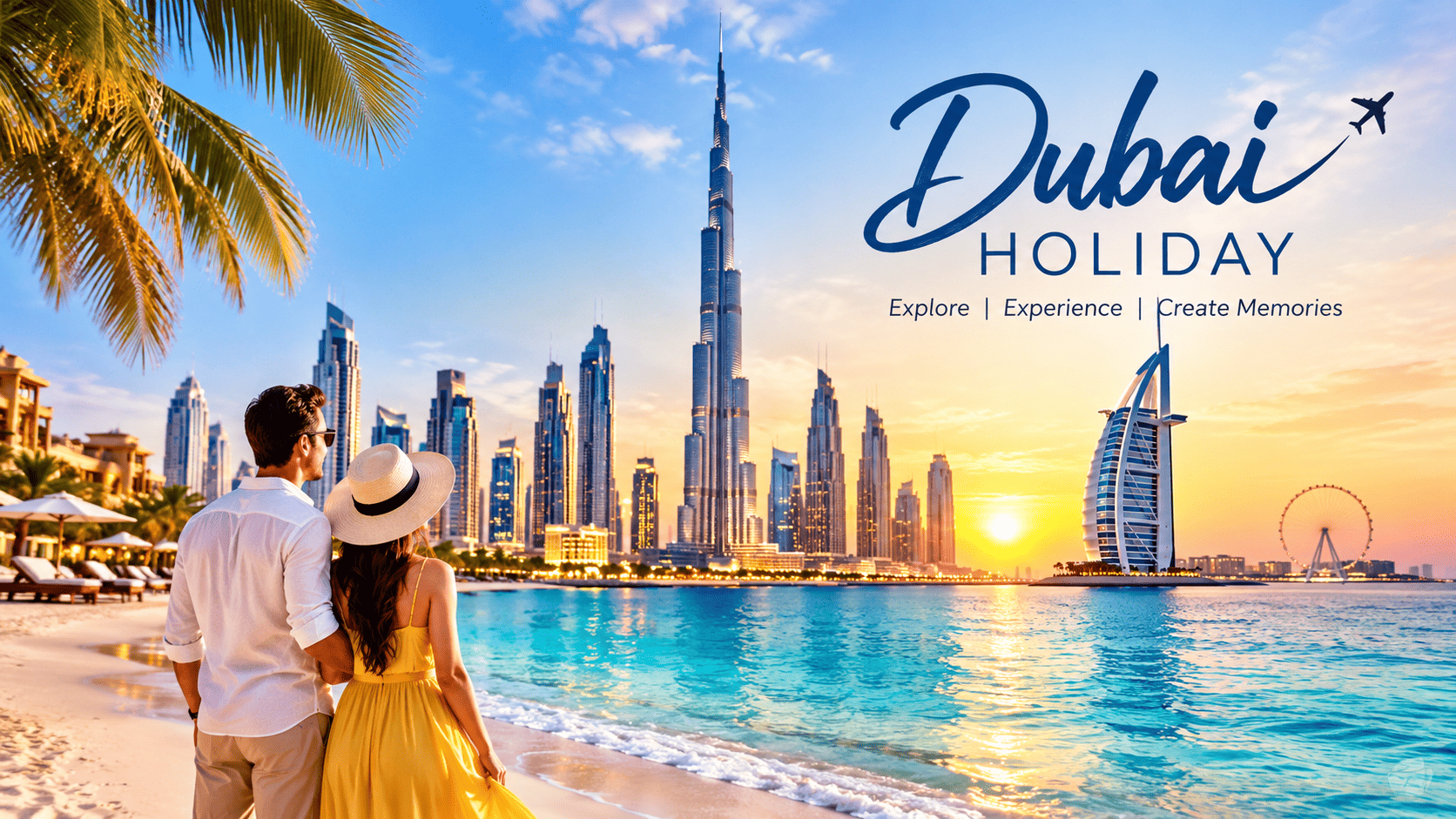 A premium Dubai holiday travel banner featuring a couple enjoying a beautiful beachside destination at sunset. The iconic Burj Khalifa, Burj Al Arab,