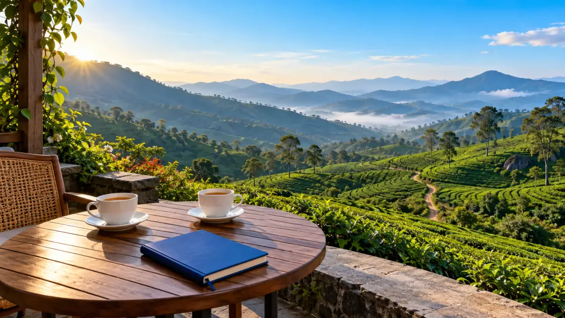 Tea on a quiet terrace overlooking green hills and a winding valley path