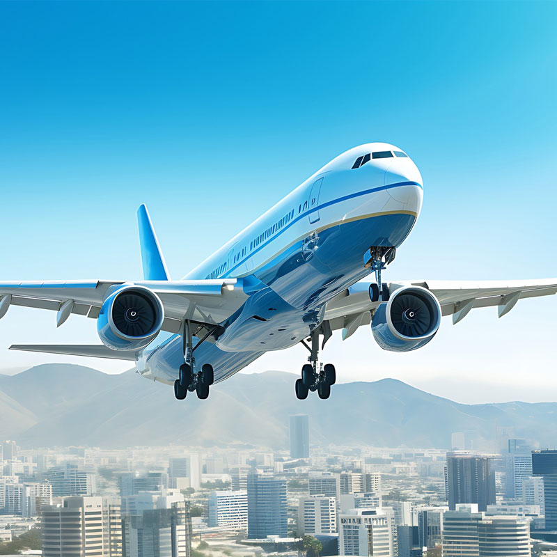 Premium international travel banner with a long-haul aircraft, global skyline, subtle world map and sophisticated navy-blue aviation theme.