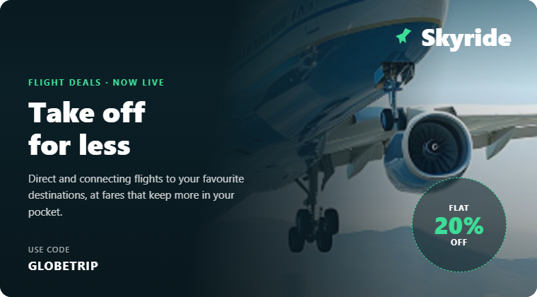 Premium international travel banner with a long-haul aircraft, global skyline, subtle world map and sophisticated navy-blue aviation theme.