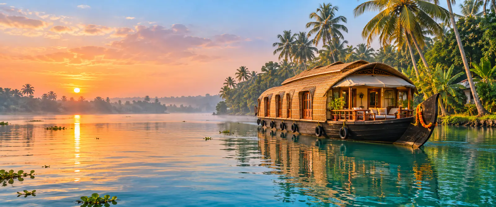 Kerala backwaters at sunrise, with a traditional houseboat beside coconut palms.